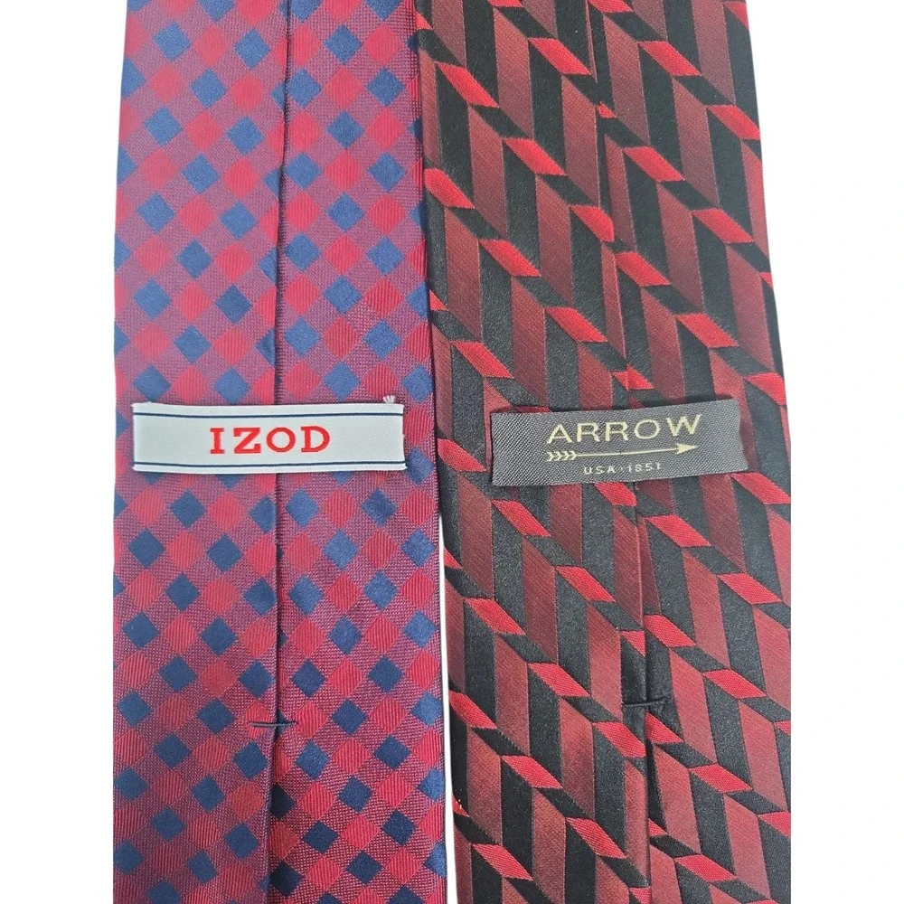 Lot of 2 IZOD‎ & Arrow 100% Silk Neckties Red Black Blue Check Geometric Modern - Picture 2 of 7